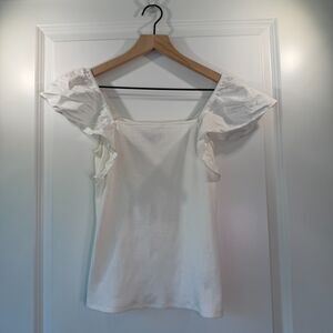 A New Day White Ribbed Ruffle Flutter Sleeve Top S